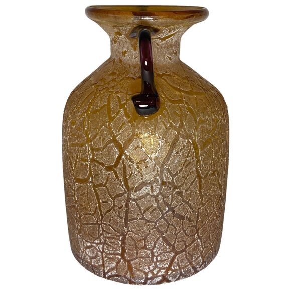Vintage Hand Blown Art Glass Handled Vase Frosted Crackle Textured Brown Rare - Picture 3 of 10